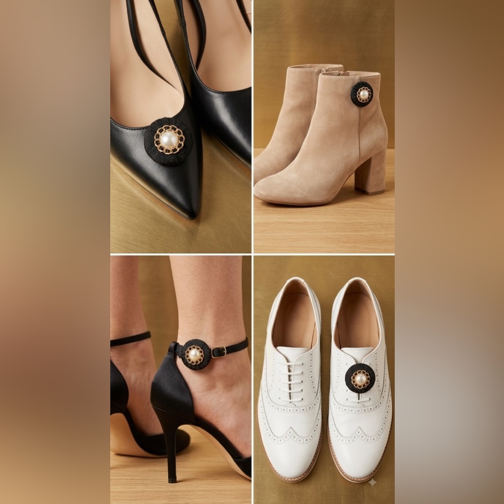 Vintage shoe clips black circle with gold and pearl